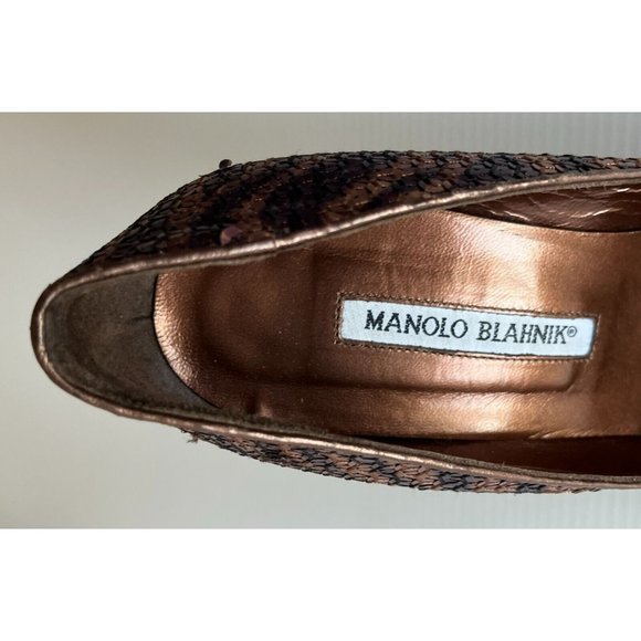 Manolo Blahnik Purple & Bronze Sequin Animal Stripe Heels, Size 39 (IT) 9 (US) - Picture 10 of 11